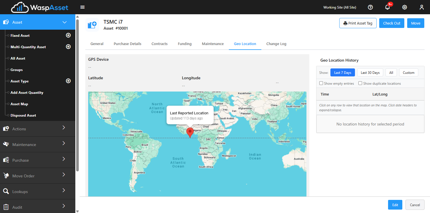 An asset’s Geo Location tab