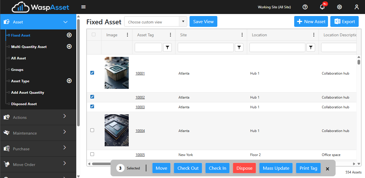 The action bar on the Fixed Asset list
