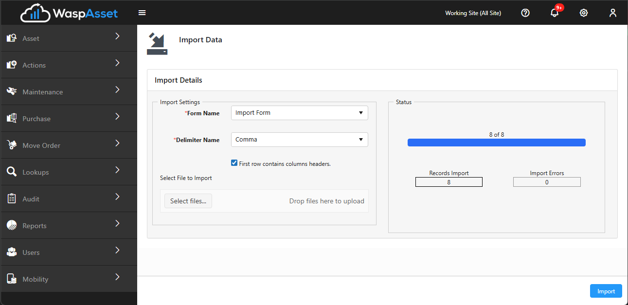 The classic Import Data page