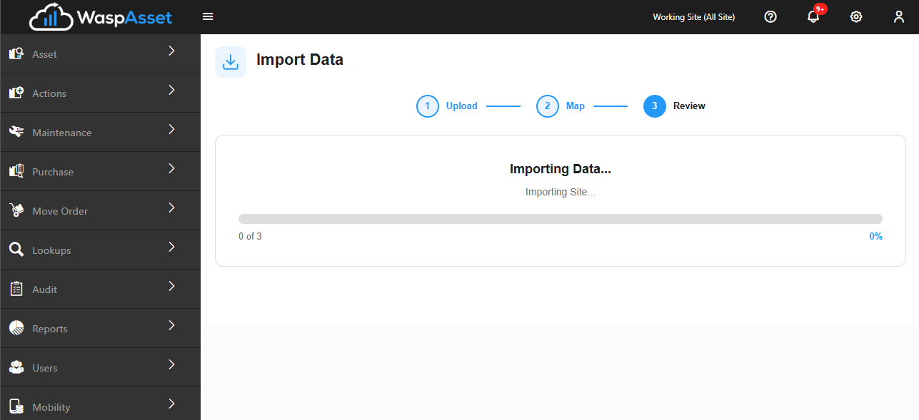 The import running with a progress bar