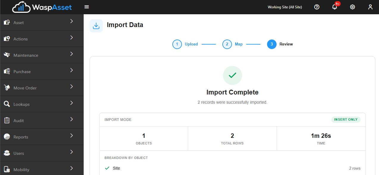 The import summary screen