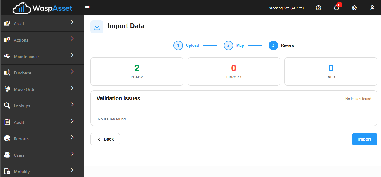 The data validation results screen