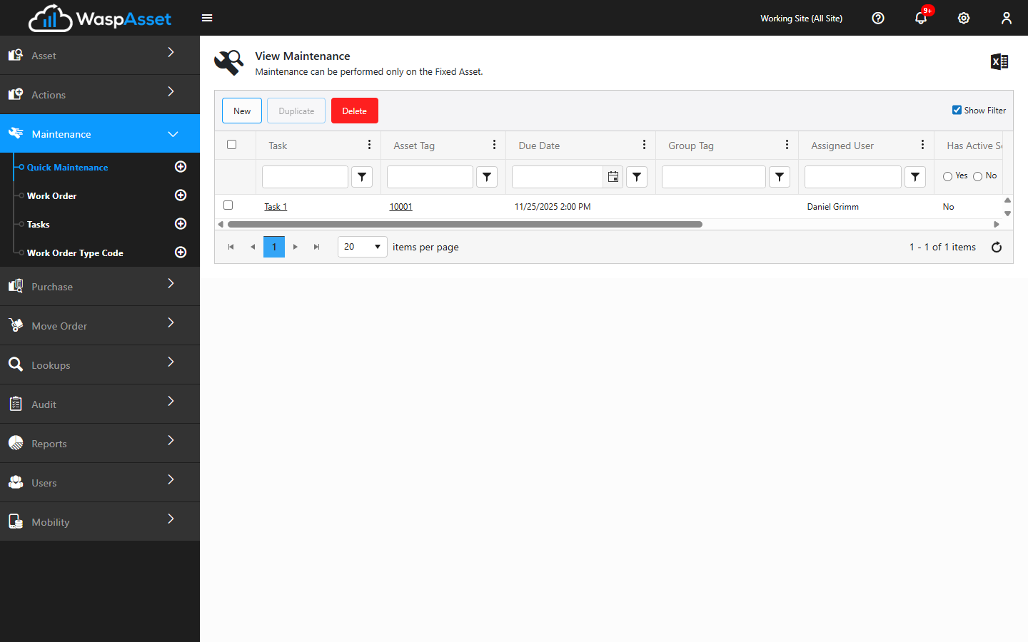 Logging quick maintenance against an asset
