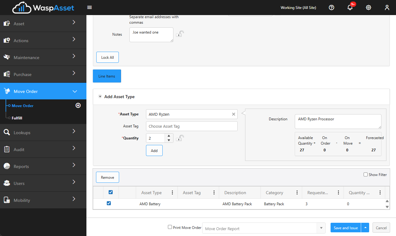 Line items on a move order