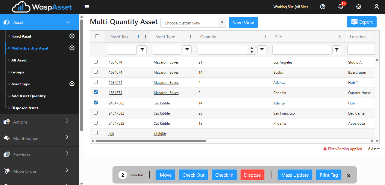 The action bar on the Multi-Quantity Asset list